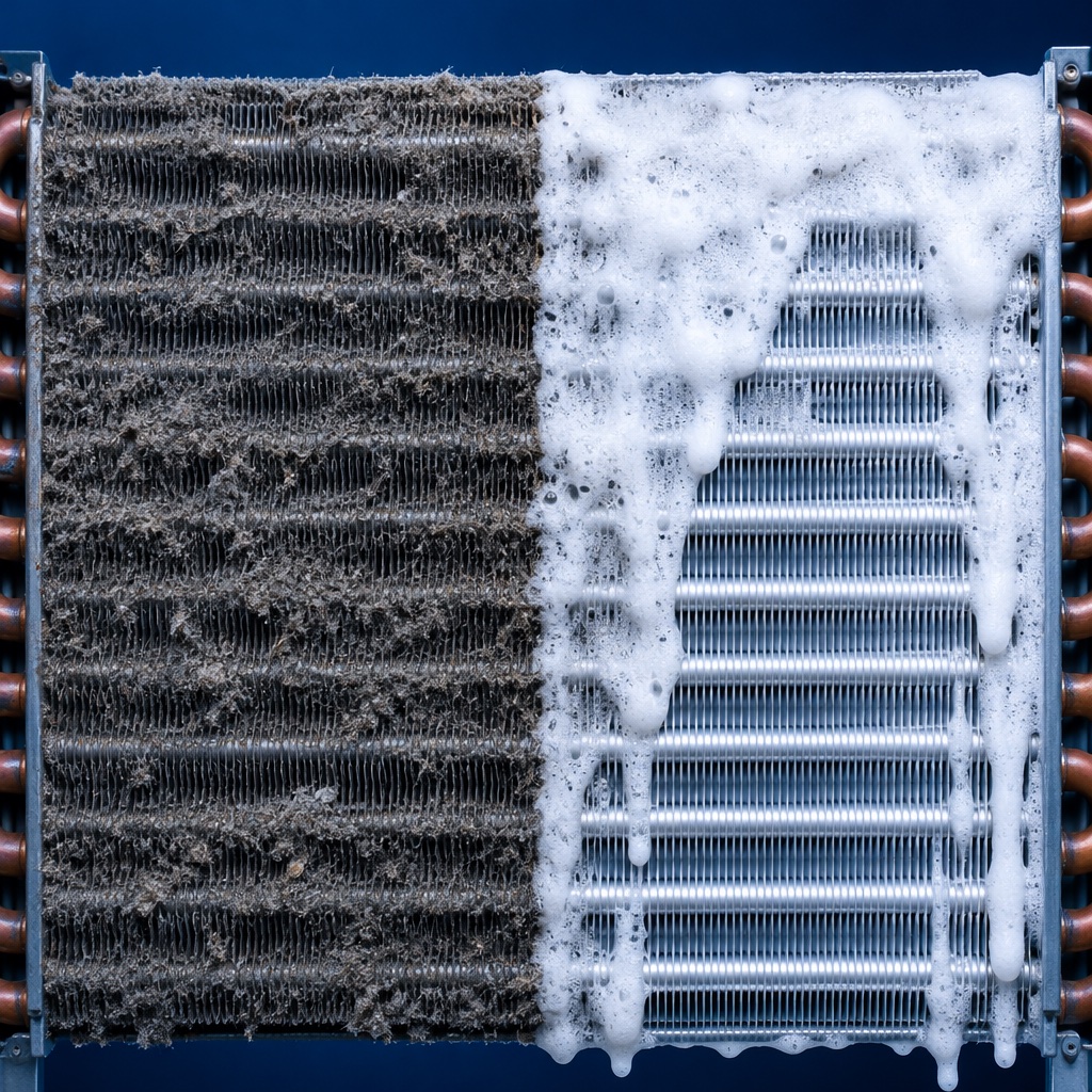 Illustration of a dirty AC coil next to a coil covered in cleaning foam