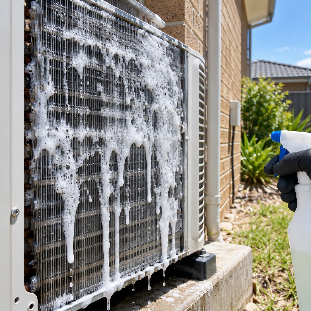 Foaming cleaner on an outdoor air conditioner condenser coil