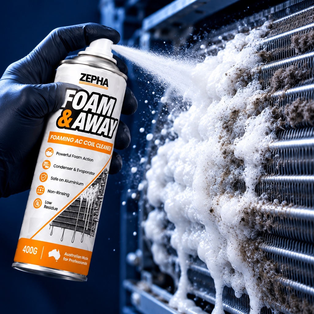 ZEPHA Foam & Away 400g aerosol spraying foam into an AC evaporator coil