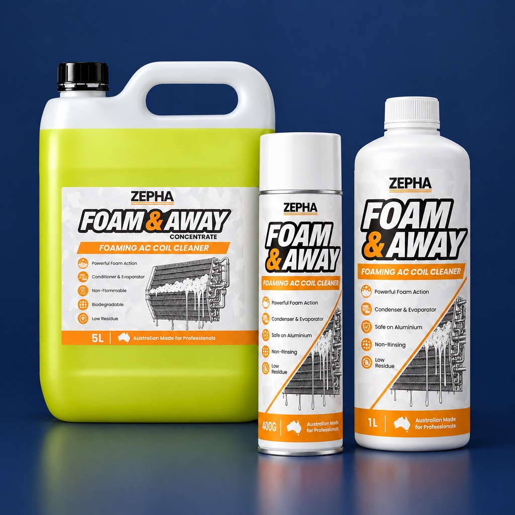 ZEPHA Foam & Away 5L, 400g and 1L on a navy background