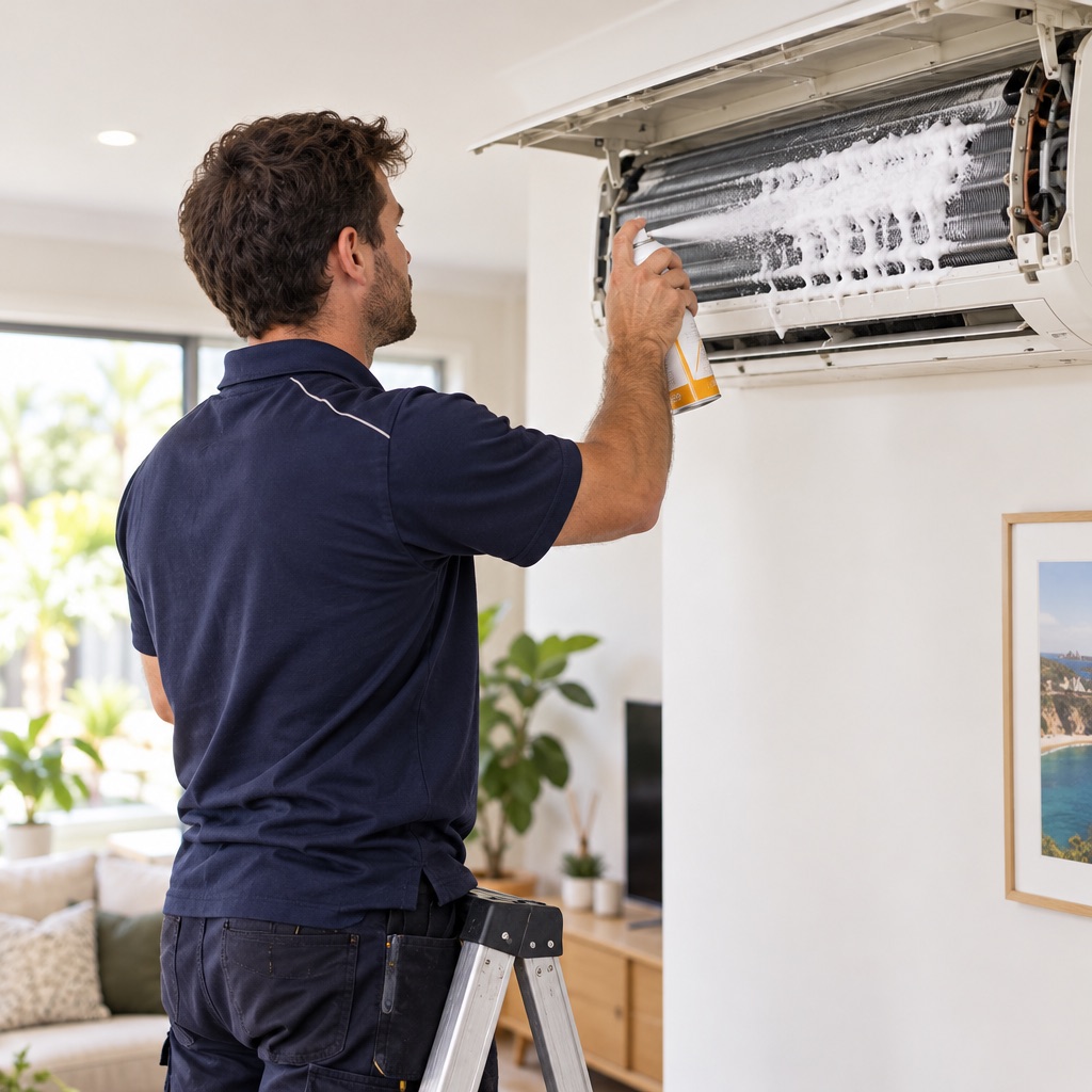 Technician applying foaming coil cleaner to a split system
