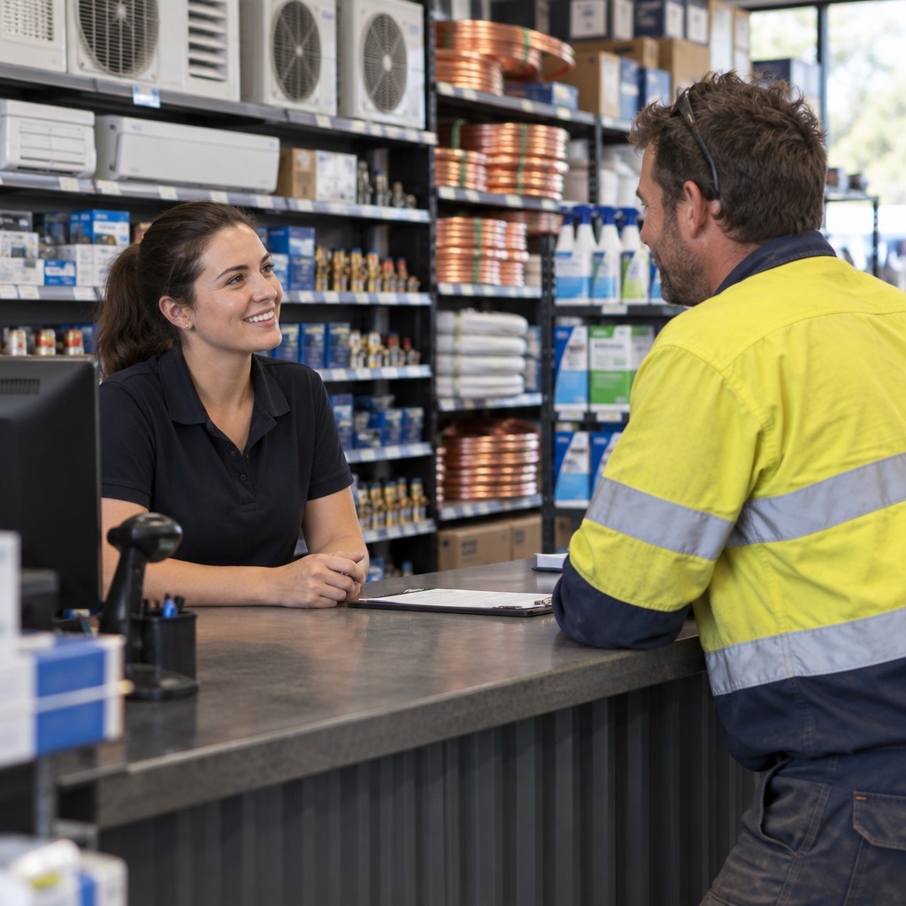 Tradesman at an HVAC trade supply counter